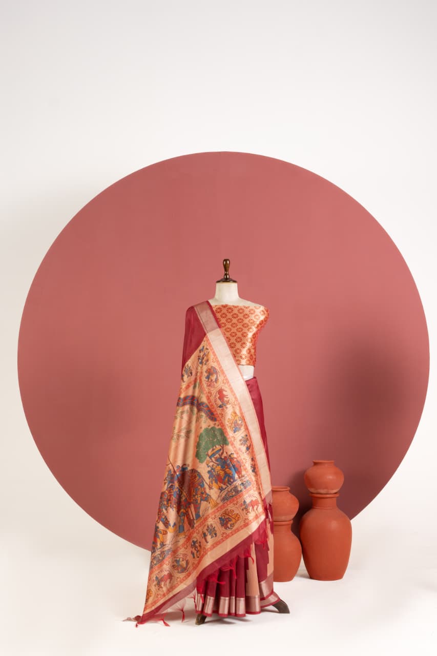 Deep Maroon Soft Khadi Raw Silk Kalamkari Saree